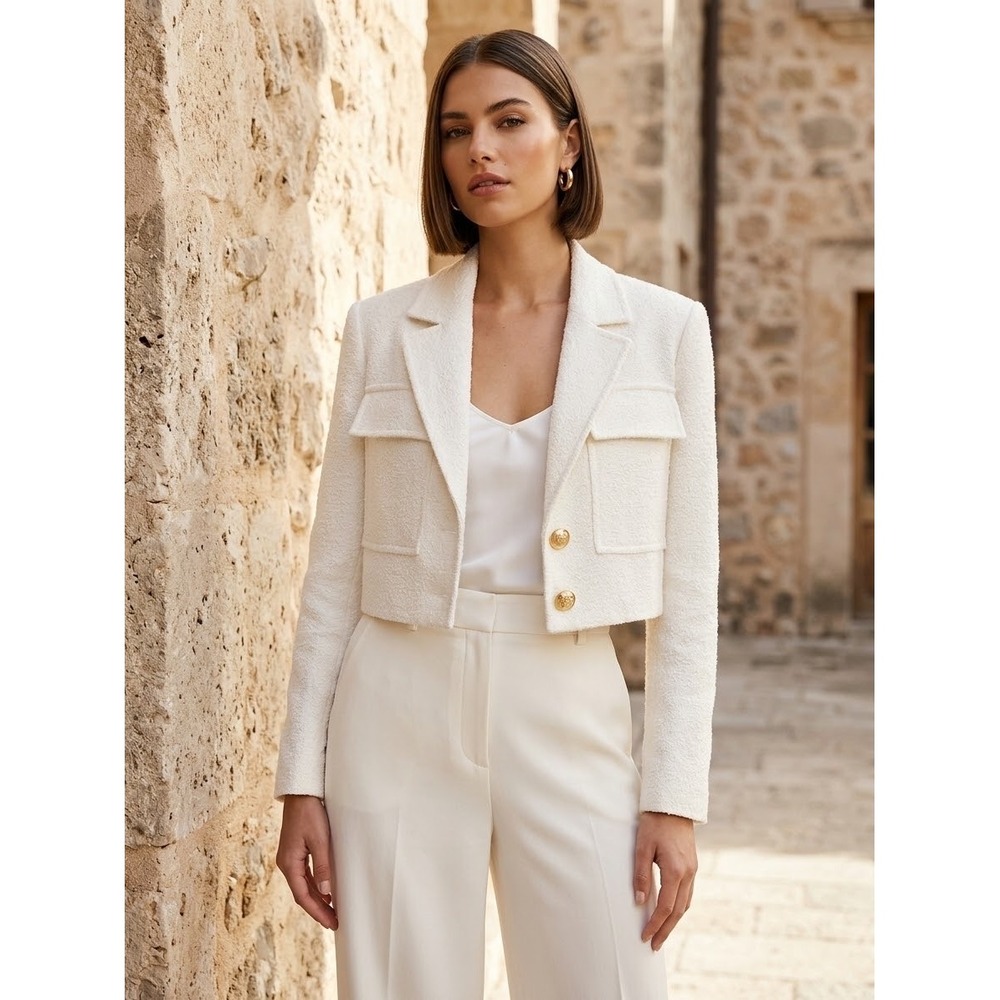 A.L.C. White Boucle Cropped Blazer Gold Button Jacket 00 1JAKT00695